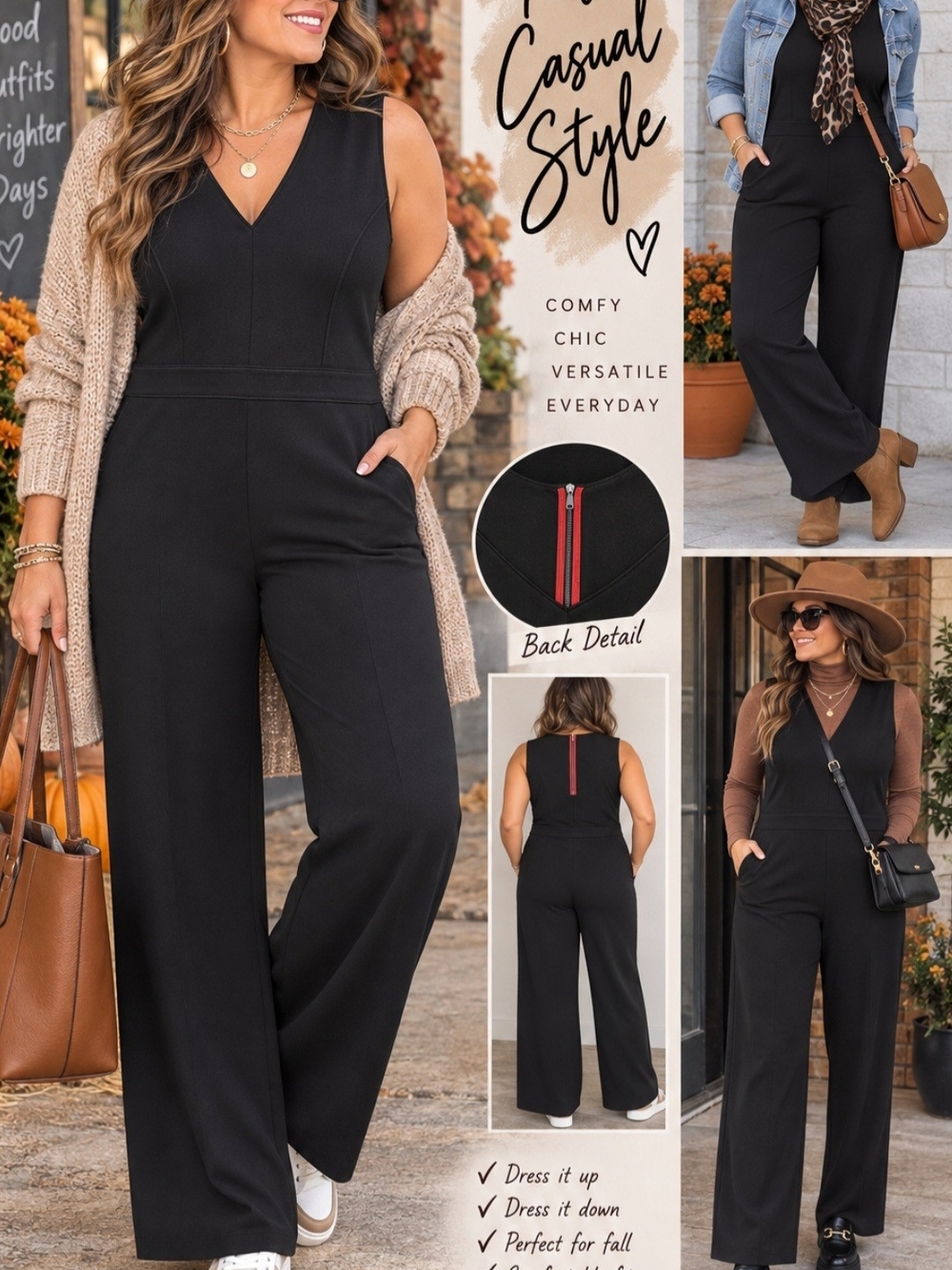 Buffalo David Bitton Black V-Neck Wide-Leg Jumpsuit with Red Back Zip PIT 22